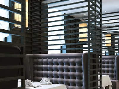 Modern Restaurant Interior With Wooden Lattice Partitions Leather Tufted Booths And Warm Lighting 3d model