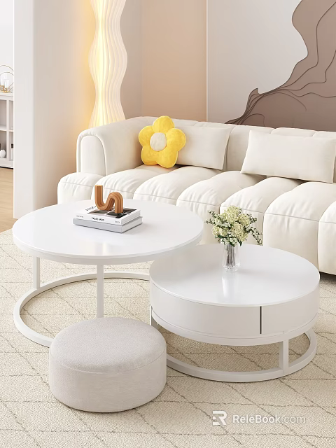 White Round Coffee Tables With Books And Flower Vase In Modern Cozy Living Room 3d model 