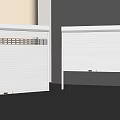 Two White Roller Shutters With Ventilation Grille And Metal Strips In Grey Interior