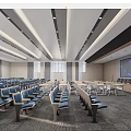 Modern Spacious Conference Room With Blue Seats Large Screen And Ceiling Design