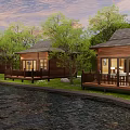 Detached Wooden Villa With Wooden Deck Green Trees And River View