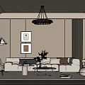 Modern Living Room Interior With White Sofa Floor Lamp Decorative Artworks Coffee Table And Chandelier