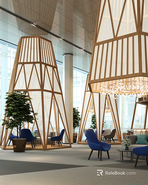 Modern Sales Office Interior With Wooden Structures Chandeliers Blue Chairs Green Plants And Large Windows 3d model 