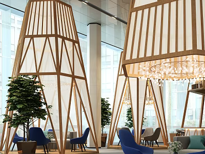 Modern Sales Office Interior With Wooden Structures Chandeliers Blue Chairs Green Plants And Large Windows 3d model