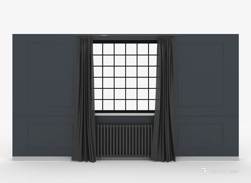 Stylish Furniture Interior With Dark Curtains Paneled Walls And Large Window Design 3d model 