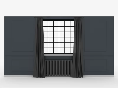 Stylish Furniture Interior With Dark Curtains Paneled Walls And Large Window Design 3d model