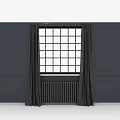 Stylish Furniture Interior With Dark Curtains Paneled Walls And Large Window Design