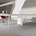Modern Minimalist Conference Table With Wooden Top Metal Legs Red Chair In Gray Space