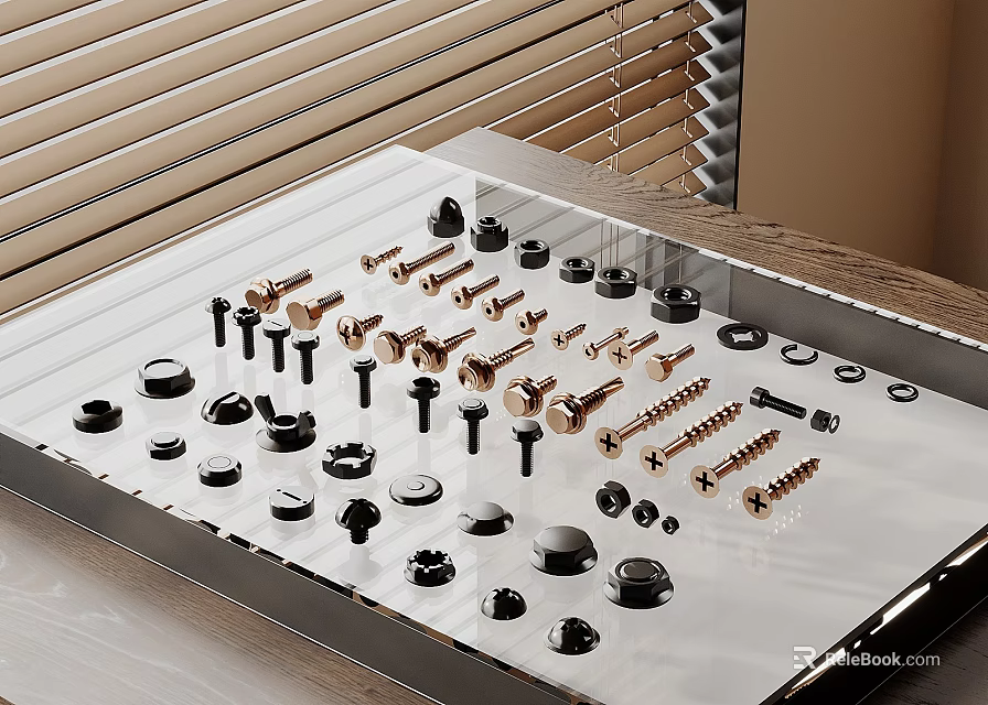 Assorted Hardware Tools Including Screws Bolts Nuts In Transparent Display Tray 3d model
