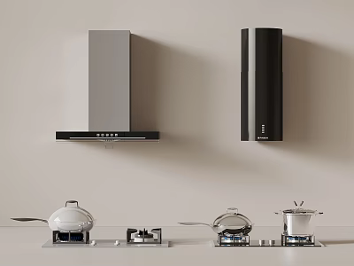 Modern Kitchen Stovetops With Black And Silver Range Hoods And Cookware Sets 3d model
