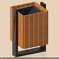 Wooden Trash Bin With Black Metal Frame And Vertical Slats Design
