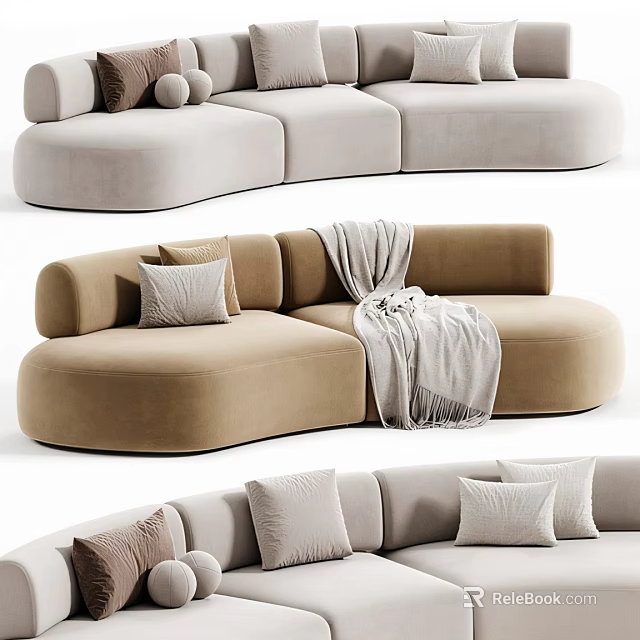 Modern Velvet Sectional Sofa In Beige And Tan With Soft Pillows And Throw Blanket 3d model 