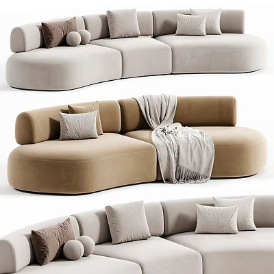 Modern Velvet Sectional Sofa In Beige And Tan With Soft Pillows And Throw Blanket 3d model