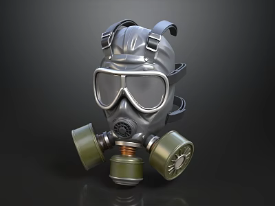 Silver And Green Gas Mask With Goggles And Filter Canisters Design 3d model