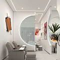 Beauty Hairdressing Embroidery Service Booth With Modern Mirror Comfortable Chairs Green Plants And Beauty Products
