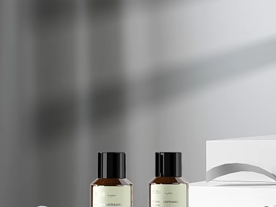 Elegant Perfume Cosmetics Two Brown Bottles With Black Caps And White Box On 3d model