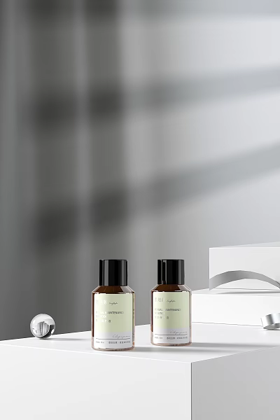 Elegant Perfume Cosmetics Two Brown Bottles With Black Caps And White Box On 3d model