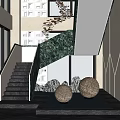 Modern Staircase Design With Wooden Steps Hanging Pendant Lights And Large Windows In Bright Interior