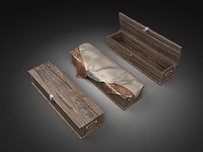Rustic Wooden Storage Boxes Open And Closed With Cloth Wrapped Items Inside 3d model