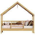 Wooden Kids Bed With House Shaped Fabric Roof And Pink Checkered Bedding