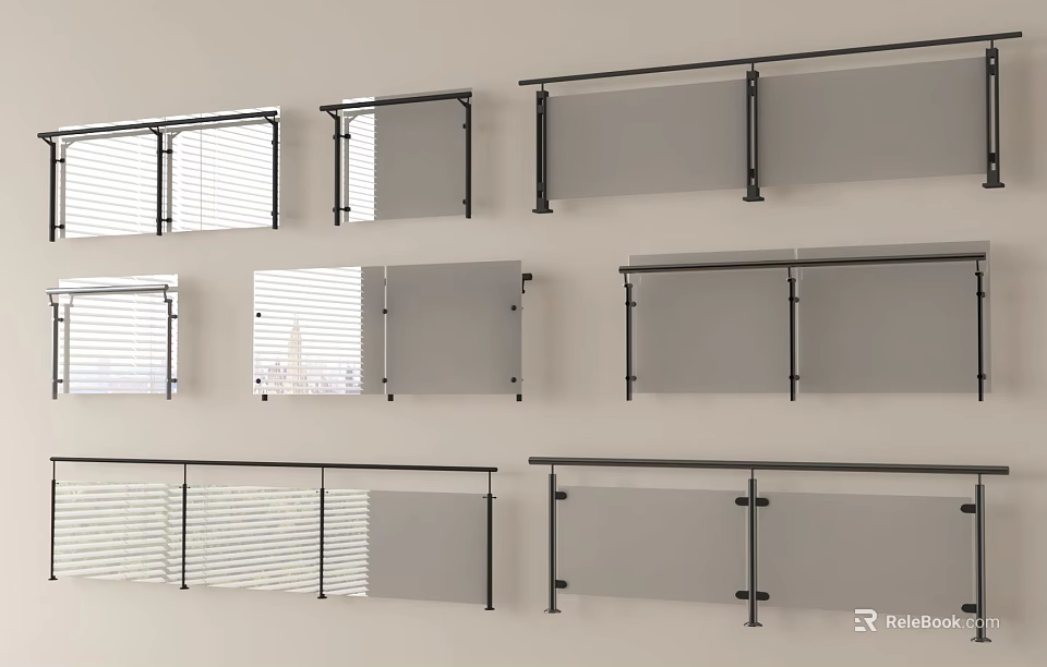 Modern Glass Railings With Black Metal Frames And Various Panel Designs 3d model 