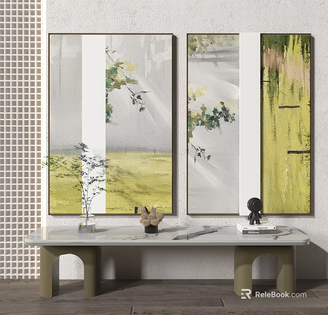 Modern Wall Art With Botanical Elements And Decorative Items On Console Table 3d model