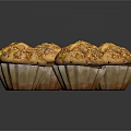Six Golden Freshly Baked Muffins With Crunchy Topping On Dark Surface