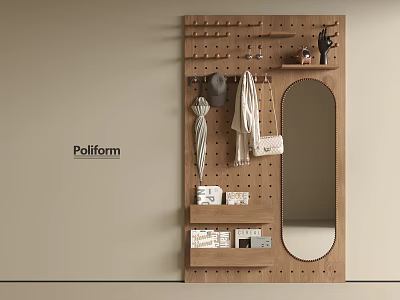 Wooden Pegboard Wall Decor With Hooks Hanging Clothes Mirror And Storage Shelves 3d model