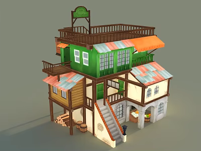 Cartoon Scene Multi Level Building With Green Walls Balconies Colorful Roofs And Awnings 3d model