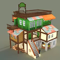 Cartoon Scene Multi Level Building With Green Walls Balconies Colorful Roofs And Awnings