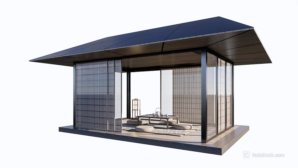 Modern Outdoor Pavilion Structure With Black Roof Glass Walls And Grille Design 3d model 