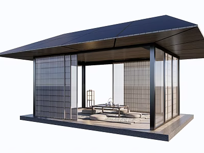 Modern Outdoor Pavilion Structure With Black Roof Glass Walls And Grille Design 3d model