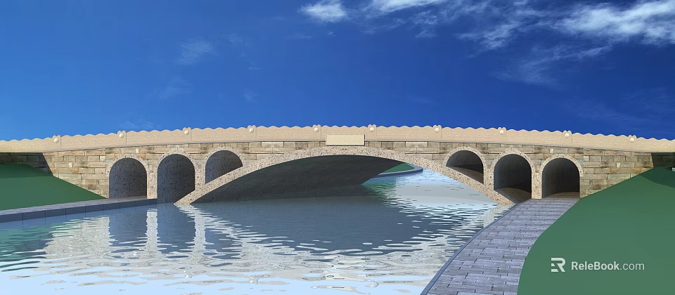 Ancient Stone Arch Bridge Over Calm Water With Blue Sky And White Clouds 3d model 