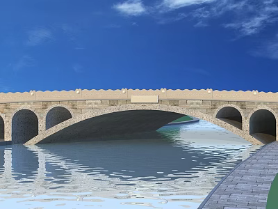 Ancient Stone Arch Bridge Over Calm Water With Blue Sky And White Clouds 3d model
