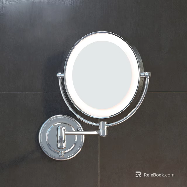 Wall Mounted Round Mirror with Adjustable Metal Arm on Dark Wall 3d model