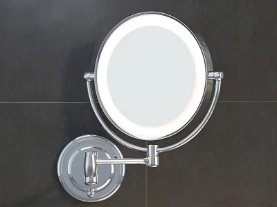 Wall Mounted Round Mirror with Adjustable Metal Arm on Dark Wall 3d model