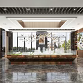 Elegant Sales Office Interior With Reception Counter Green Plants Hanging Lights And Marble Flooring