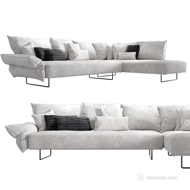 Light Gray Sectional Sofa With Multiple Soft Cushions And Metal Legs Modern Design 3d model