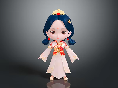 Child Wearing Traditional White Red Costume With Blue Hair Double Ponytails And Golden Crown 3d model