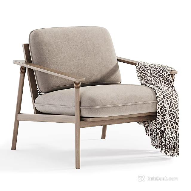 Light Gray Armchair With Wooden Frame Armrests And Geometric Patterned Throw Blanket For Interior Decor 3d model 