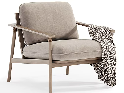 Light Gray Armchair With Wooden Frame Armrests And Geometric Patterned Throw Blanket For Interior Decor 3d model