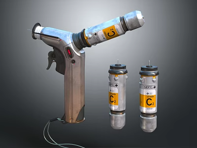 Handheld Medical Device With Silver Body Power Cord Two Cylinders And Yellow C Labels 3d model