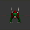 Detailed 3D Green Dragon Model With Red Dorsal Fins White Horns On Gray Background
