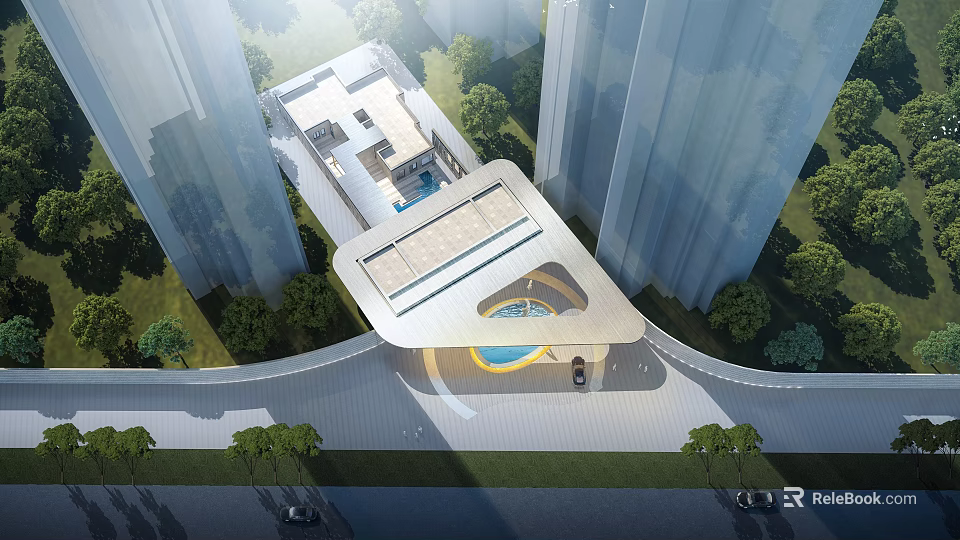 Modern Hotel Building With Glass Facade Roof Design And Swimming Pool Surrounded By Greenery 3d model 
