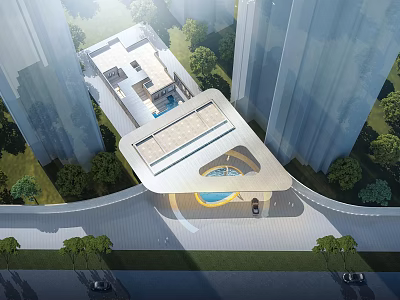 Modern Hotel Building With Glass Facade Roof Design And Swimming Pool Surrounded By Greenery 3d model