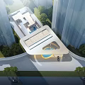 Modern Hotel Building With Glass Facade Roof Design And Swimming Pool Surrounded By Greenery