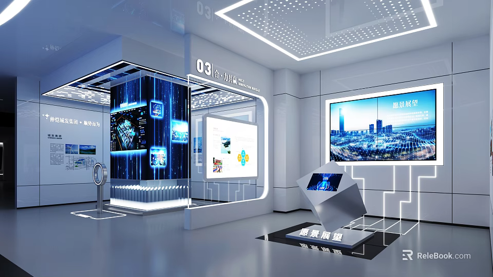 Modern Technology Exhibition Hall With Interactive Display Screens Smart Kiosk And Cityscape Projection 3d model 