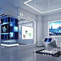 Modern Technology Exhibition Hall With Interactive Display Screens Smart Kiosk And Cityscape Projection
