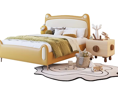Yellow Kids Bed With Bear Ear Headboard Cozy Green Blanket And Toys On Rug 3d model