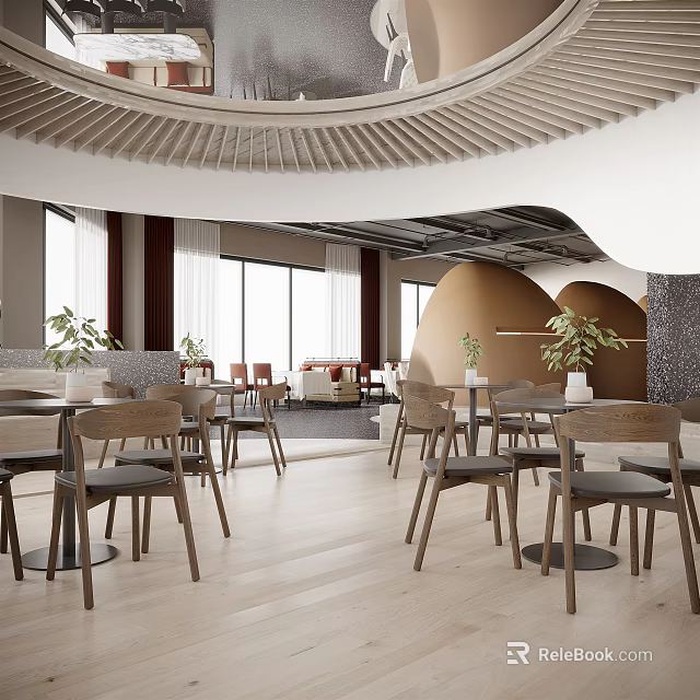 Modern Lounge Area With Wooden Tables Chairs Potted Plants Large Windows Curved Ceiling Warm Tones 3d model 